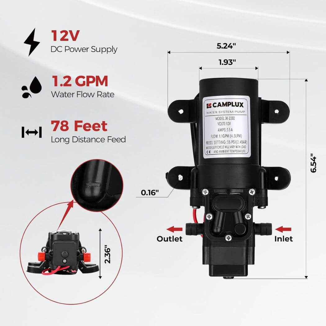 Camplux 12V Water Pump 35PSI DC 1.2GPM 4.3LPM Diaphragm for Caravan RV Marine Fishing Boat