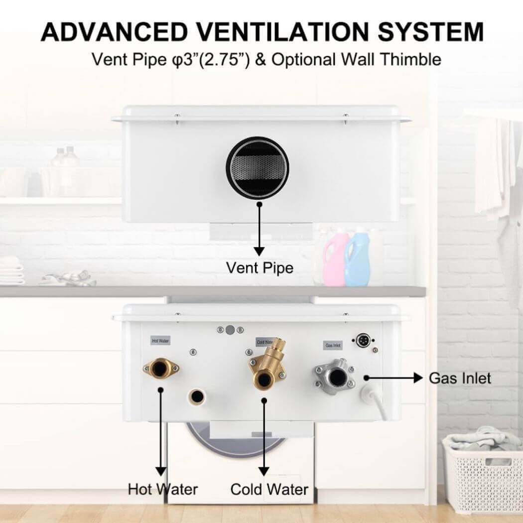 Diagram of camplux indoor gas water heater, showing top and bottom views.