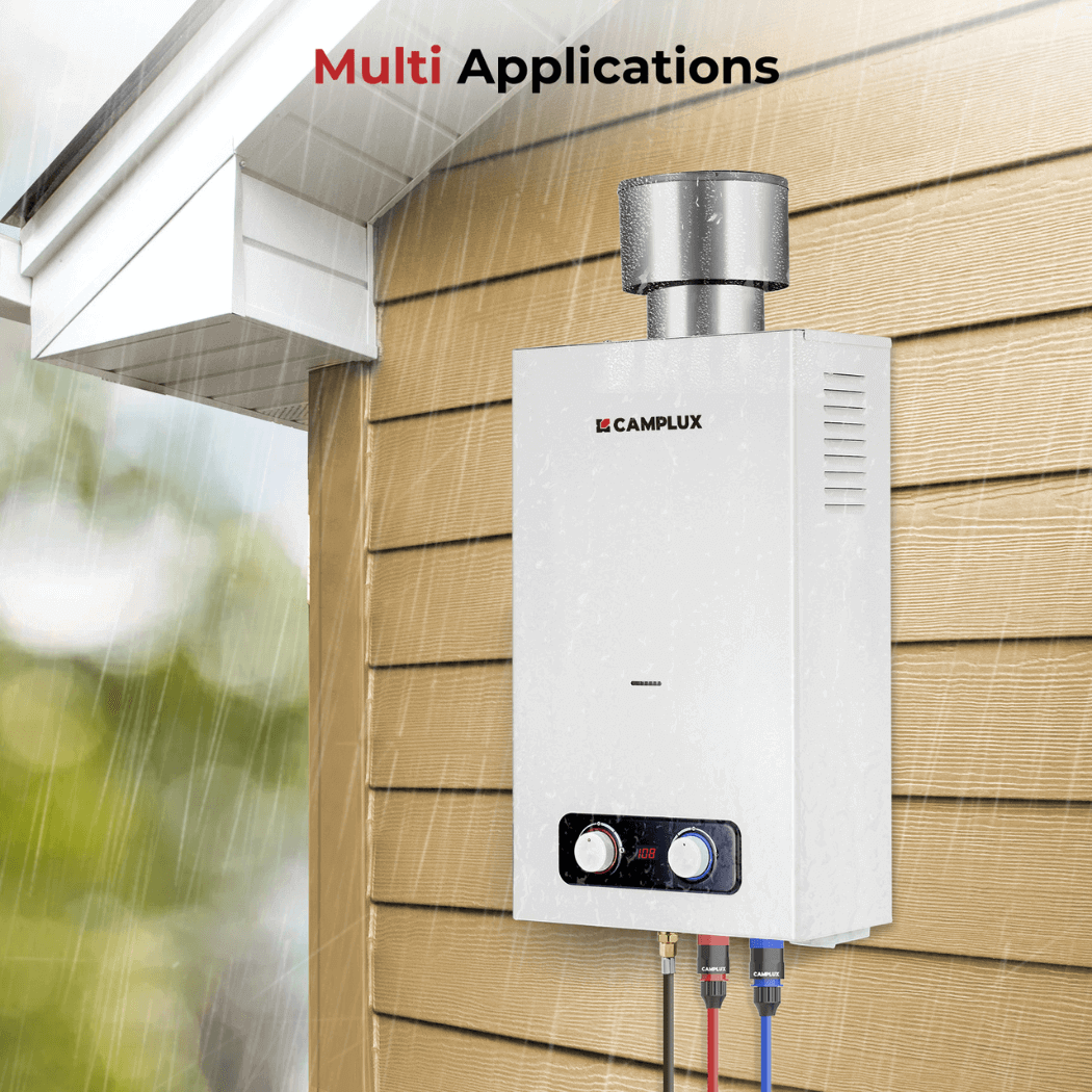 Tankless Water Heater, Camplux 2.64 GPM Outdoor Propane Gas Water Heater with 4.33" Rain Cap, Camping Shower, White