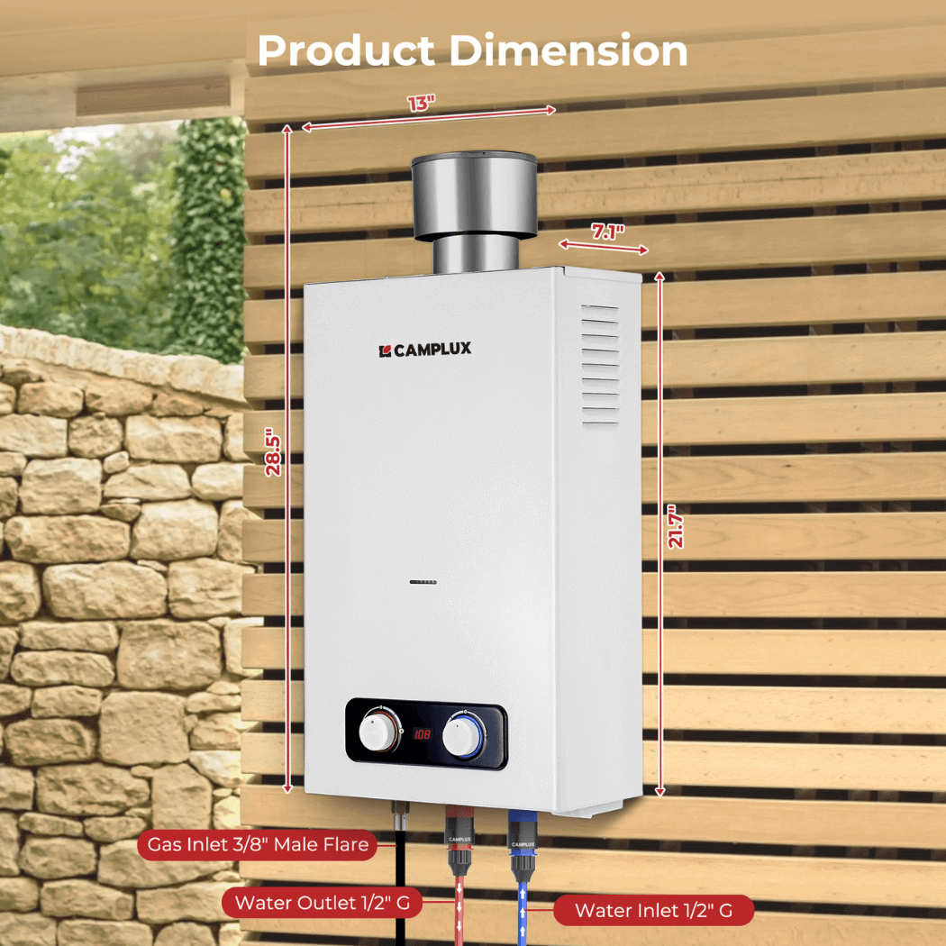 Tankless Water Heater, Camplux 2.64 GPM Outdoor Propane Gas Water Heater with 4.33" Rain Cap, Camping Shower, White