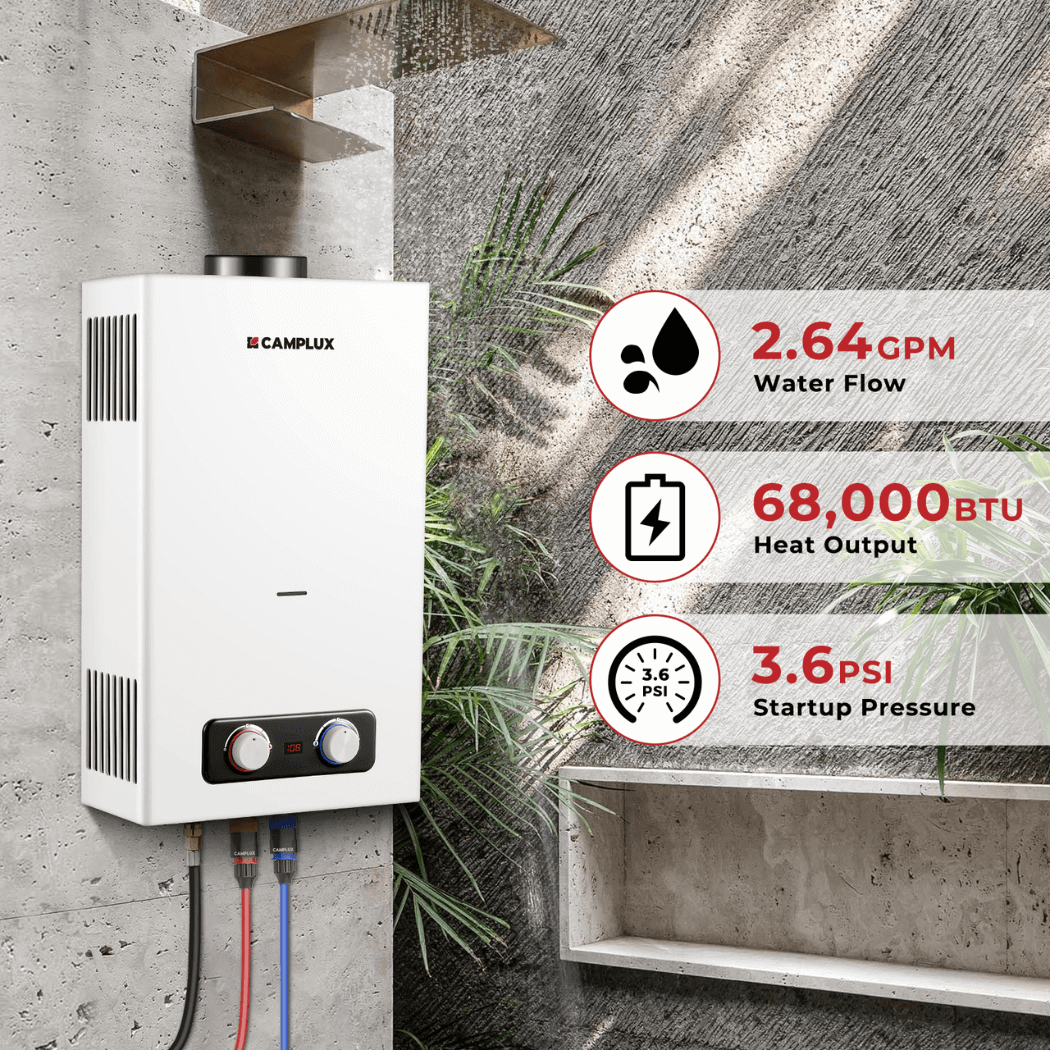 Camplux 2.64 GPM Tankless Propane Outdoor Water Heater, with 3.3 GPM Water Pump & Pipe Strainer