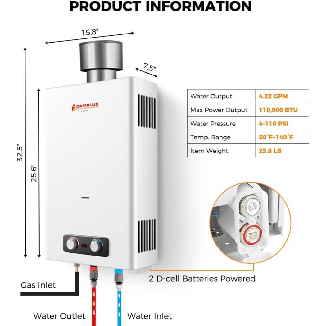 Camplux 4.22 GPM On Demand Hot Water Heater with 4.33'' S/S Rain Cap