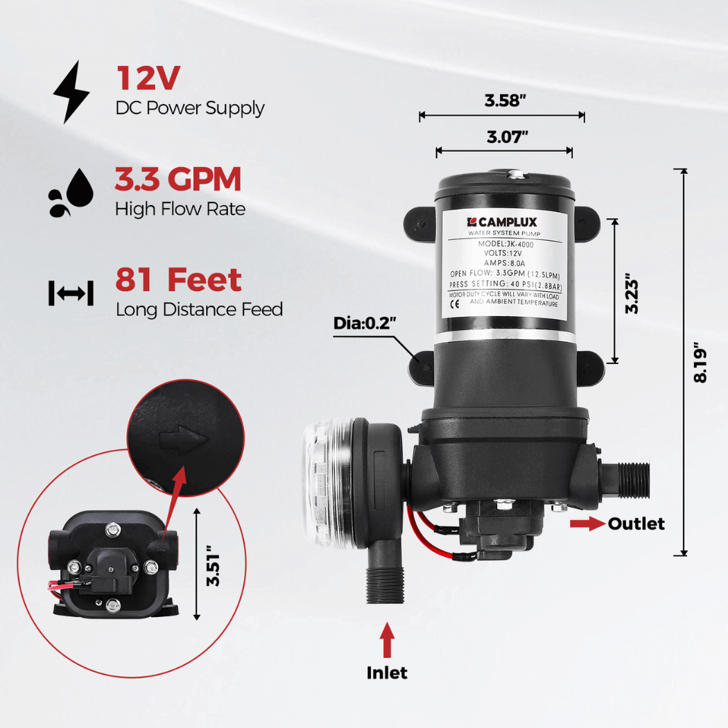 Camplux 4.22 GPM On Demand Water Heater, with 3.3 GPM Water Pump & Pipe Strainer