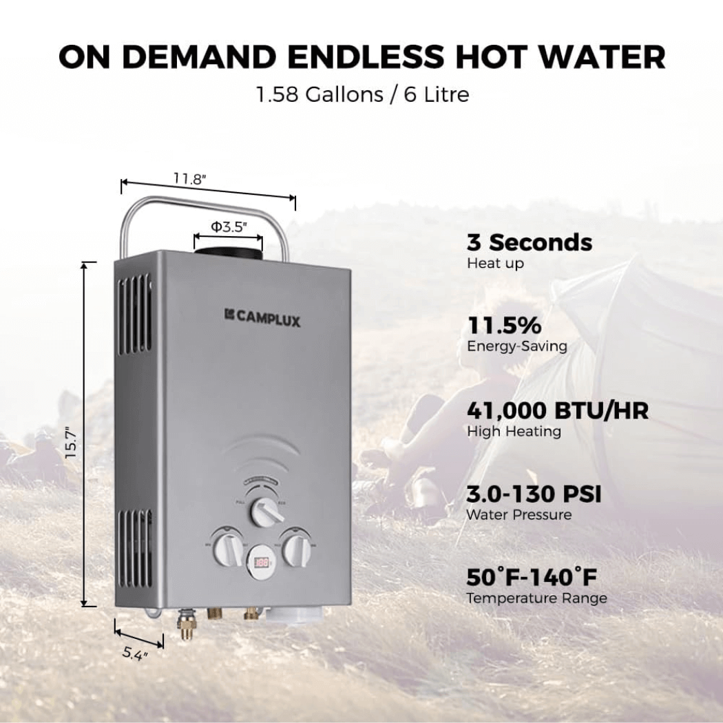 Camplux Tankless Water Heater For RV 1.58 GPM With Pump Kit, Grey