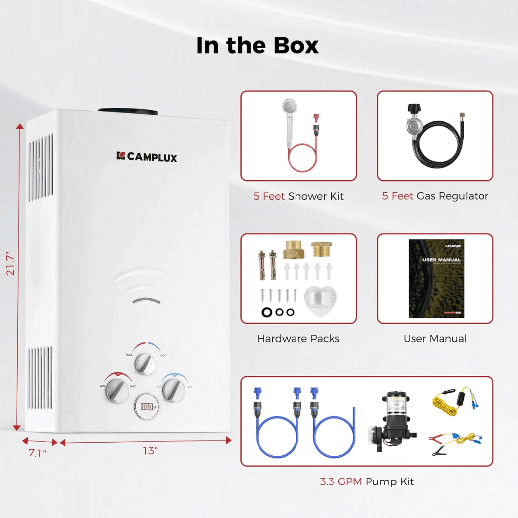 Propane Portable Tankless Water Heater Outdoor, Camplux 2.64 GPM Instant Hot Camping Showers with 3.3 GPM Water Pump & Pipe Strainer