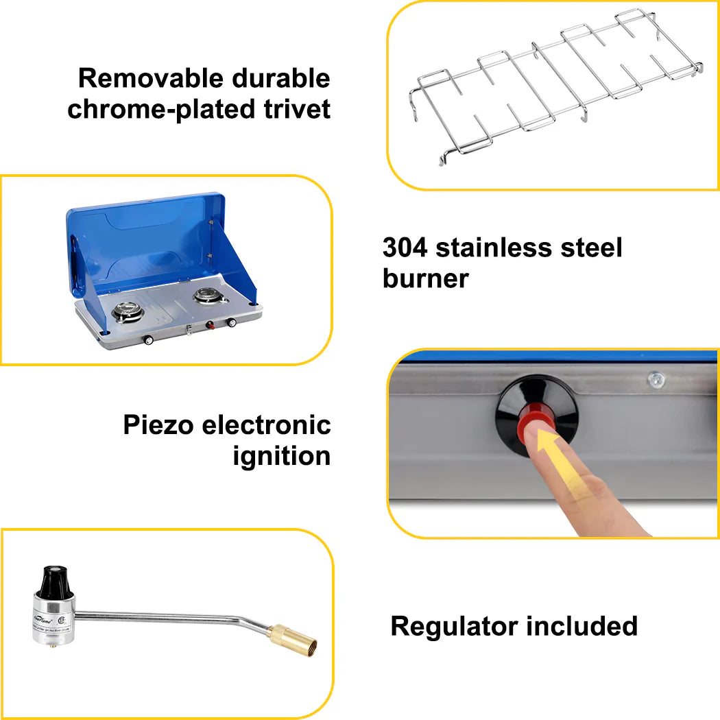 CAMPLUX Portable Camping Stove 2 Burner Gas Propane BBQ Windproof Cooker