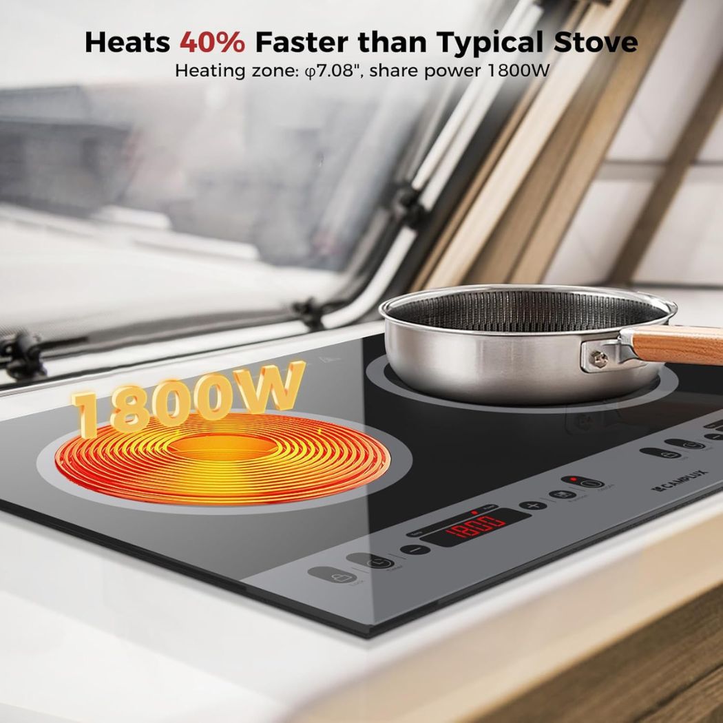 CAMPLUX RV Induction Cooktop 2 Burners 1800W, Electric Cooktop 120V Plug in, Portable Induction Stove