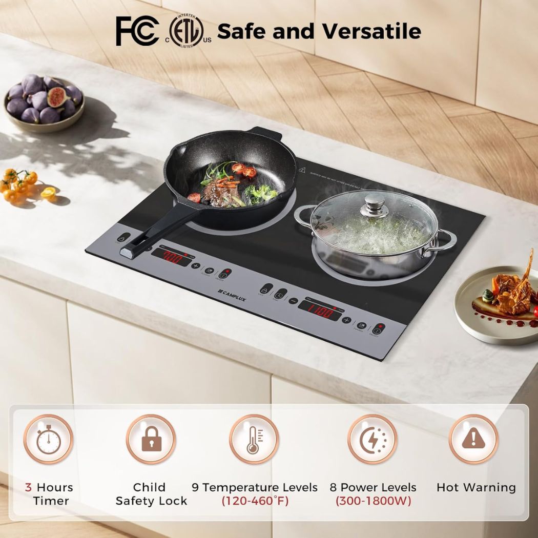 CAMPLUX RV Induction Cooktop 2 Burners 1800W, Electric Cooktop 120V Plug in, Portable Induction Stove