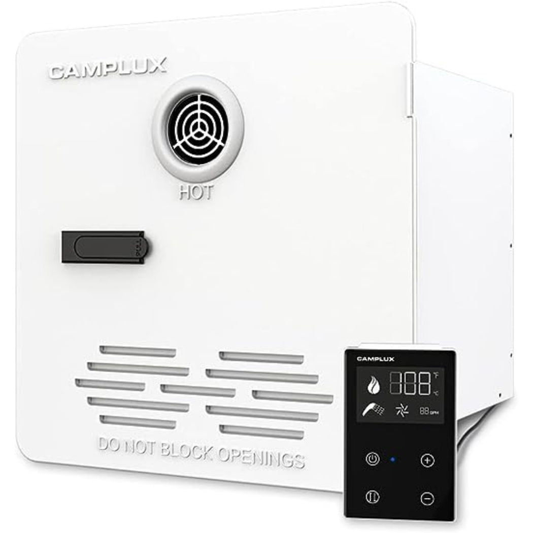 Camplux RV water heater in white.